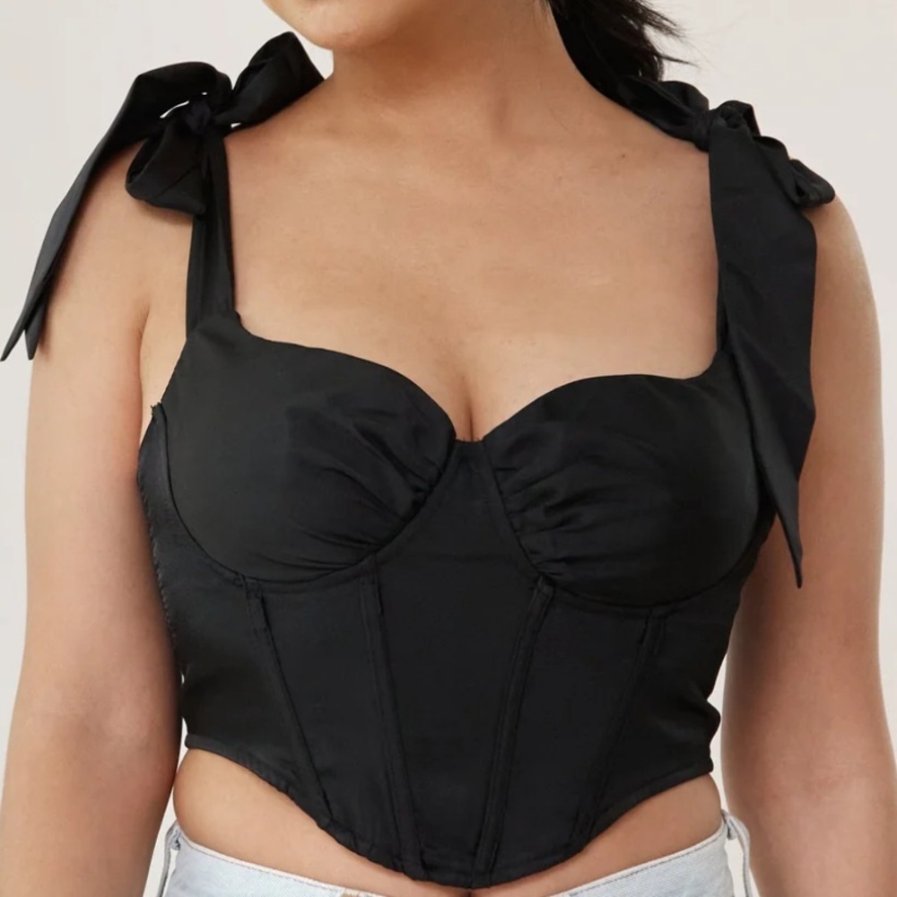 Black Satin Corset Bustier Tie Shoulder Sexy Top Size L